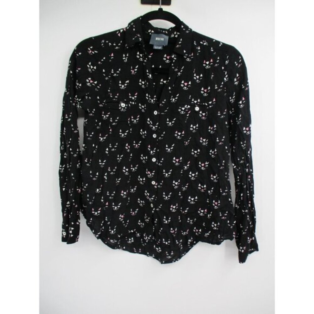 Anthropologie Maeve Top Womens 0 Kitty Cat Print Black Buttondown Long Sleeve